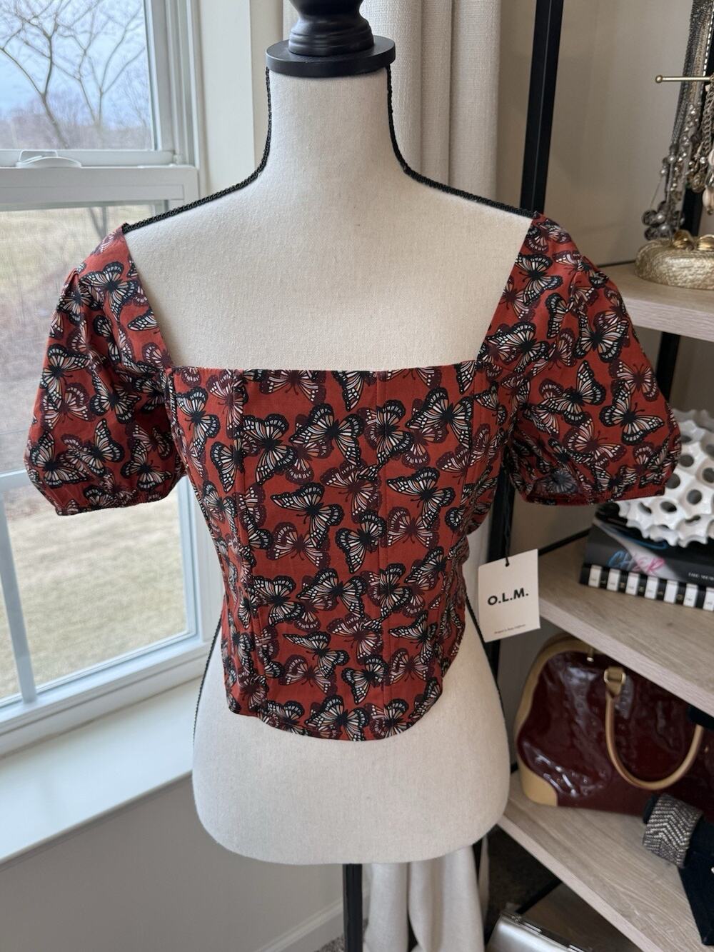 NWT O.L.M. Puff sleeve burnt orange butterfly crop corset top blouse size XL